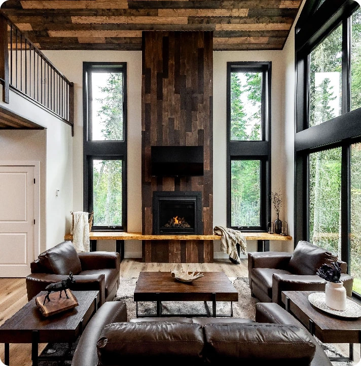 Wood accented ceiling and fireplace