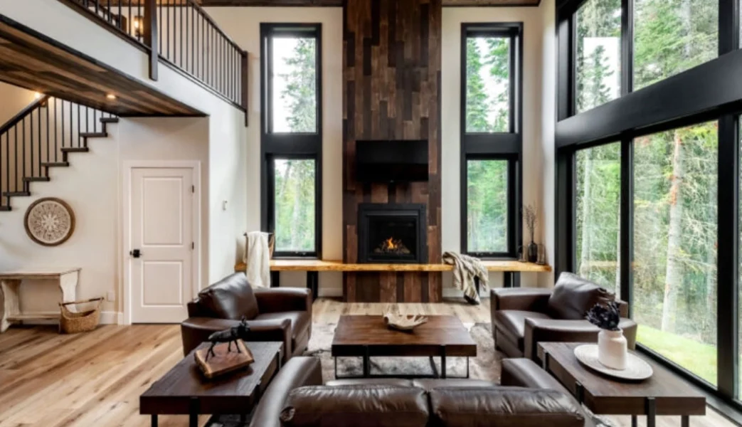 large open great room with wood accent fireplace