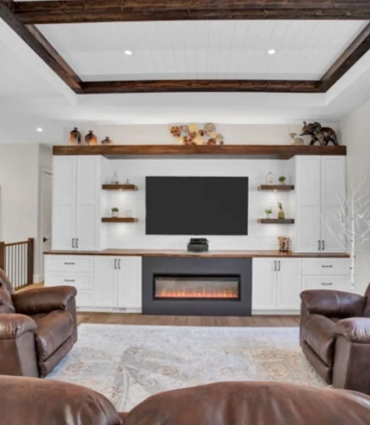lounging area with built in cabinets